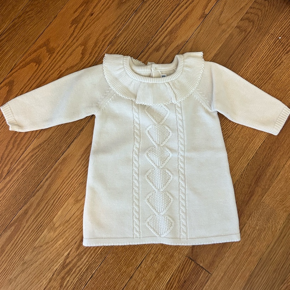 Jacadi White Knit Baby Dress with Ruffled Collar